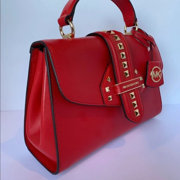 Michael Kors Bleecker Studded Top-Handle Red - Picture 3 of 5